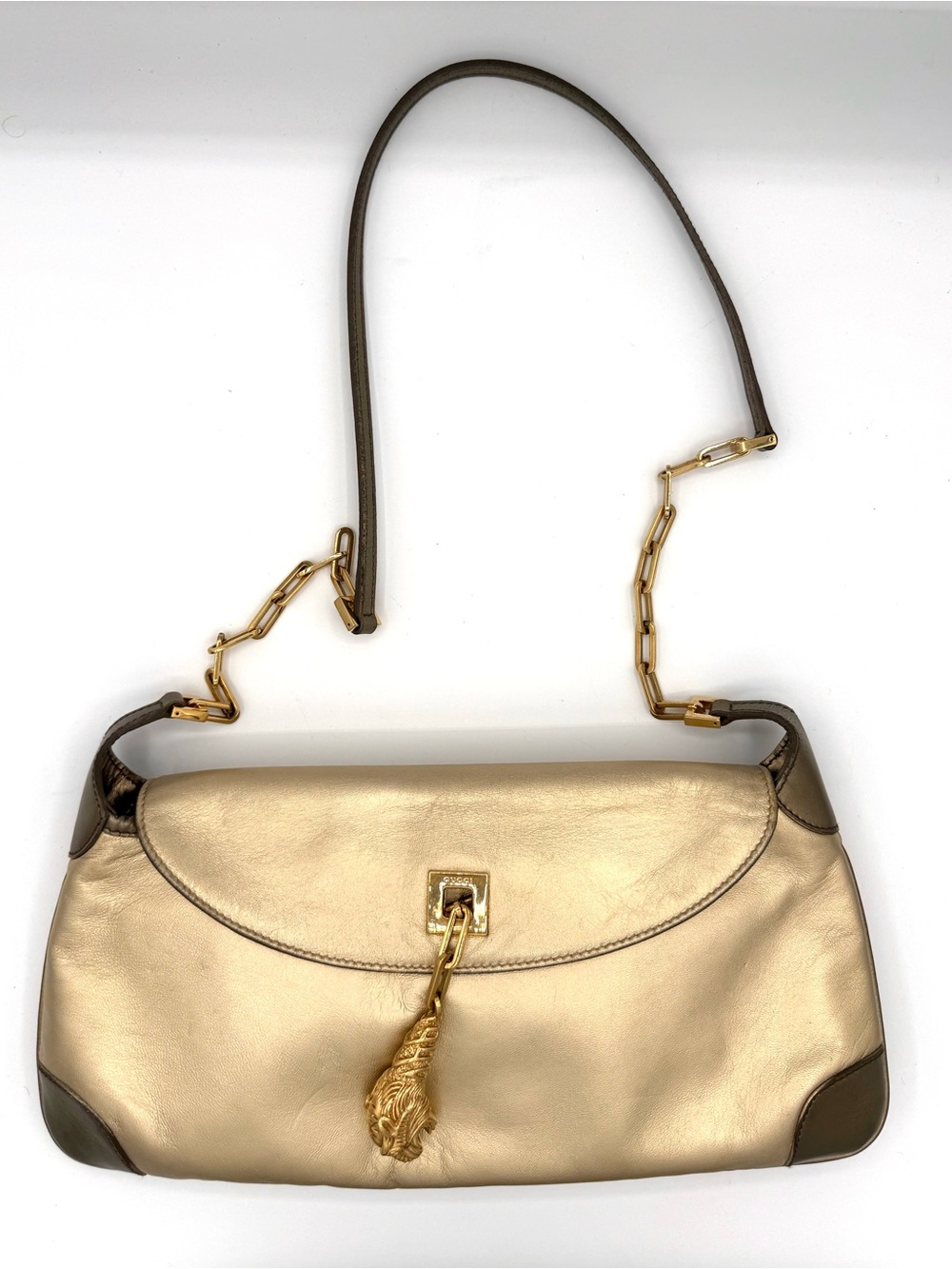 Gucci Tom Ford Gold Leather Tiger Head Flap Shoulder Bag and Chain Strap